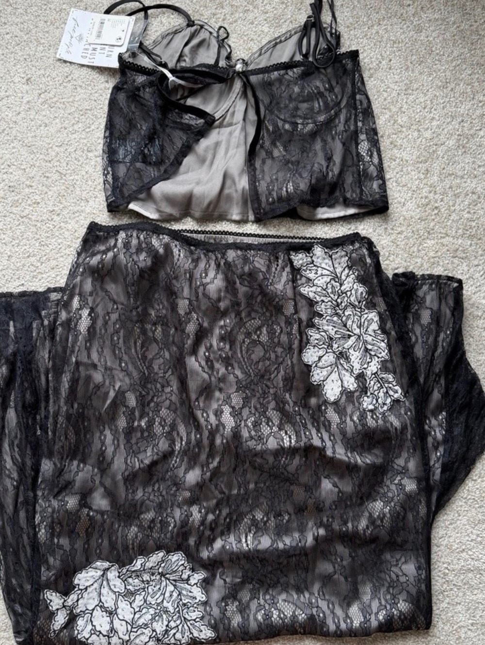 Free People Black Lace Floral Applique Camisole and Maxi Skirt Set, Size M - Picture 7 of 7